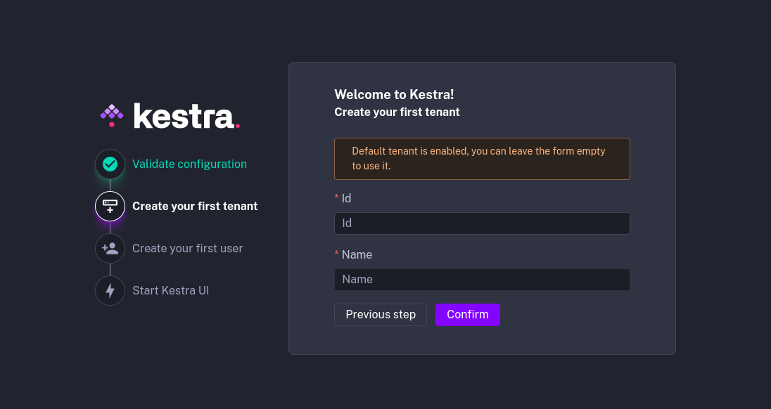 Create first tenant form with ID and name fields