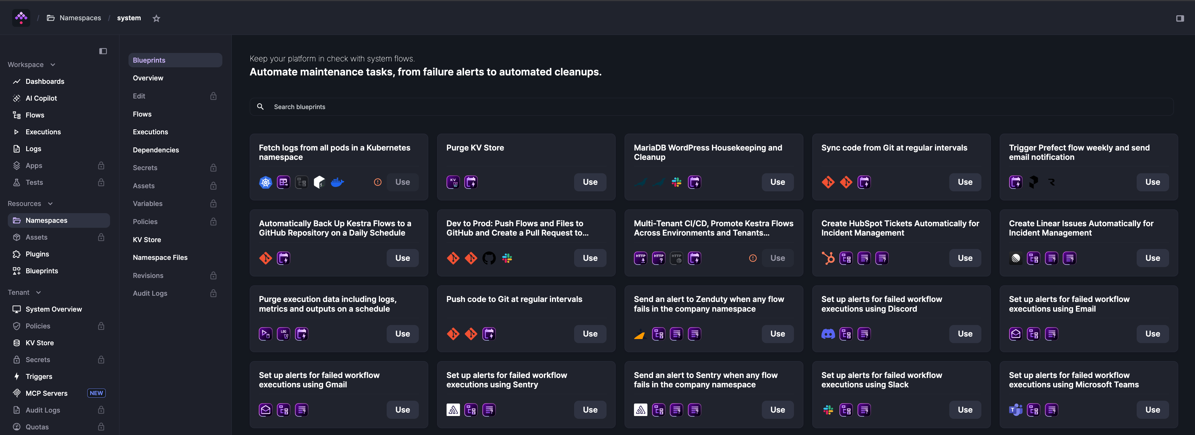 System Blueprints tab showing maintenance flow templates including purge, Git sync, and failure alert blueprints