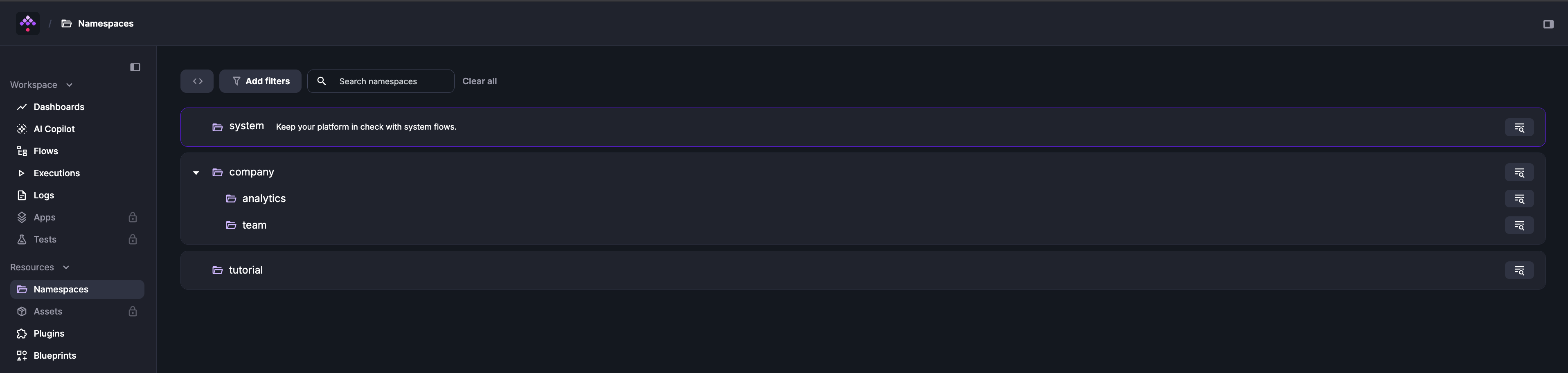 Namespaces list with system namespace pinned at the top